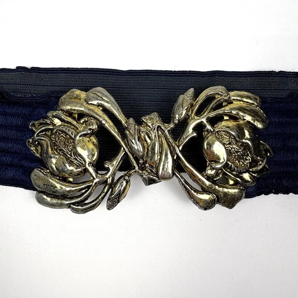 VTG 80s Waist Cincher Floral Buckle Belt Gold Hardware Navy Elastic Band‎ Boho